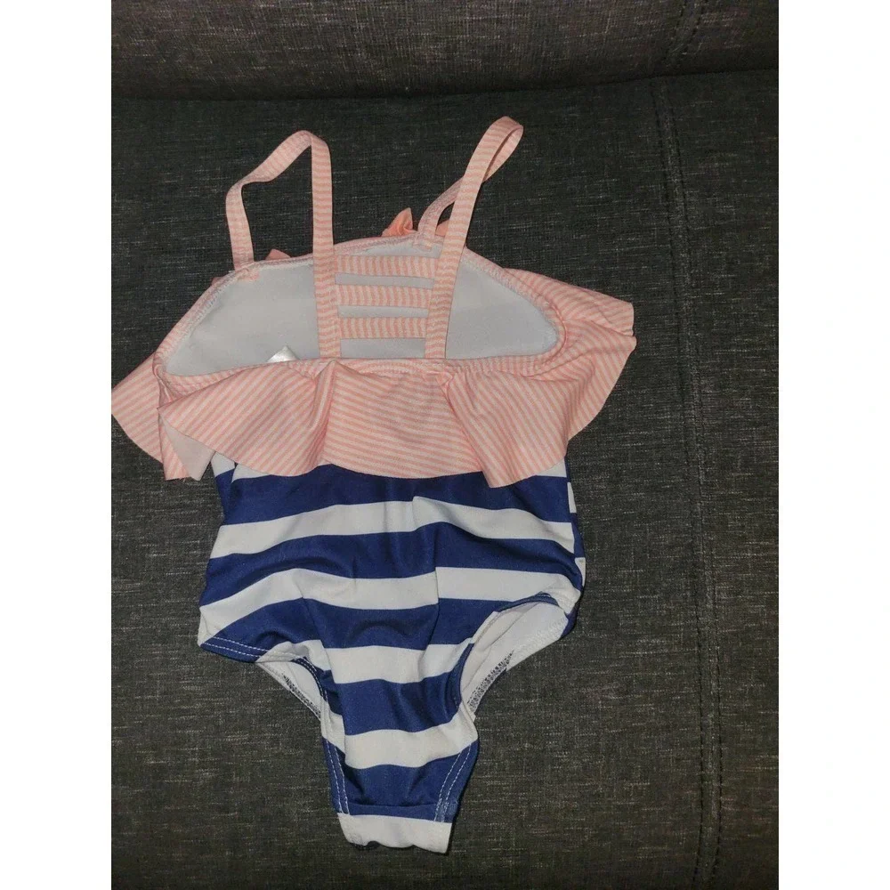 Swimsuit 3t Blue And White Stripe With Peach Ruffle With Bow